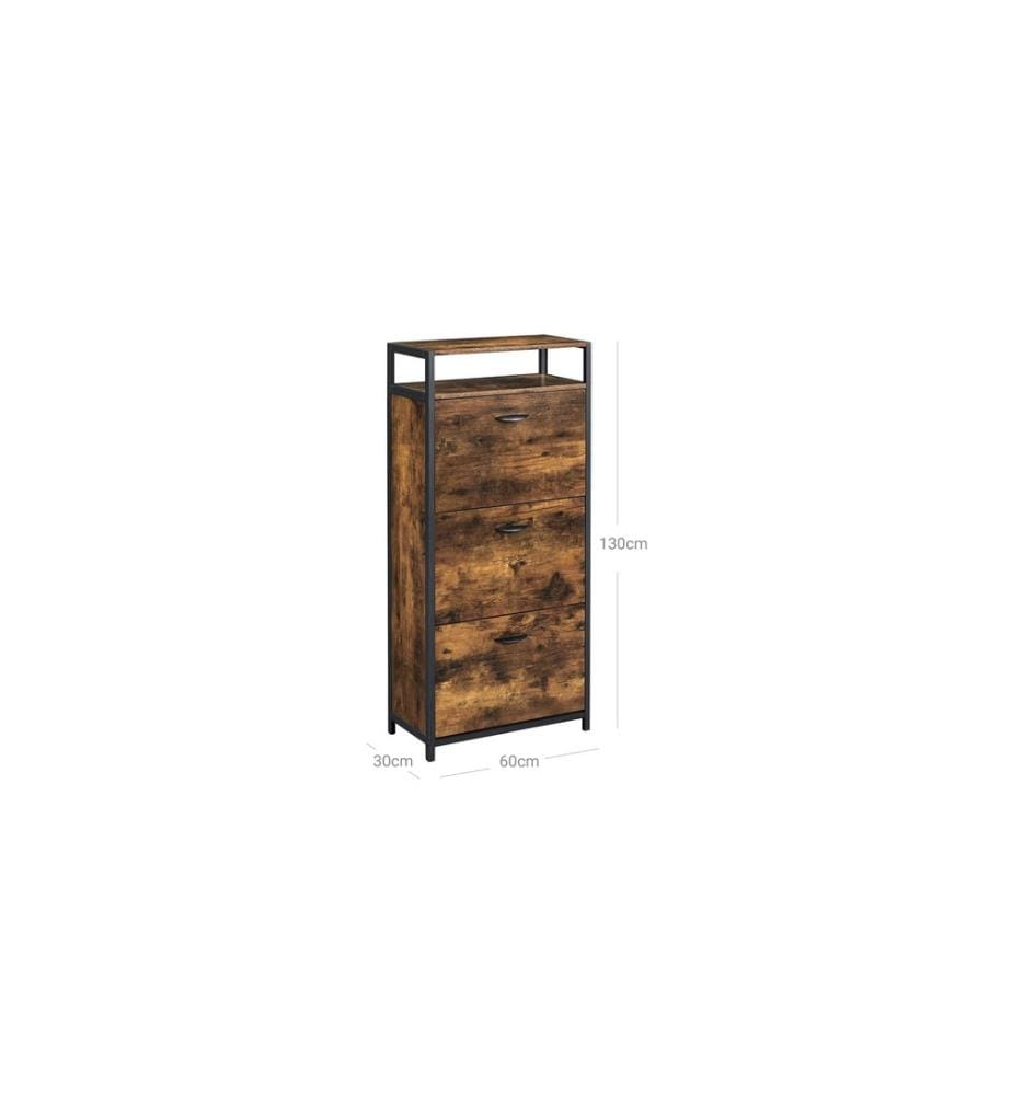 VASAGLE - Armoire à chaussures avec 3 volets 60 x 130 cm, Brun/Noir