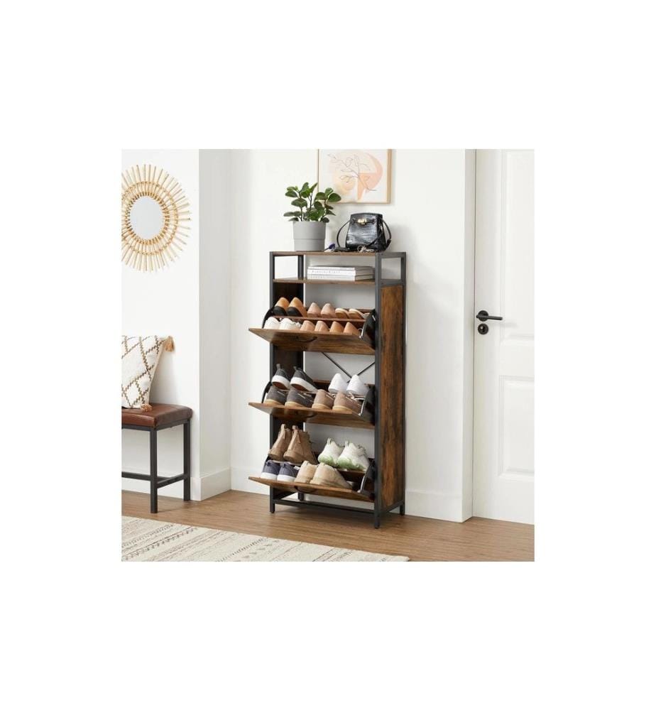 VASAGLE - Armoire à chaussures avec 3 volets 60 x 130 cm, Brun/Noir