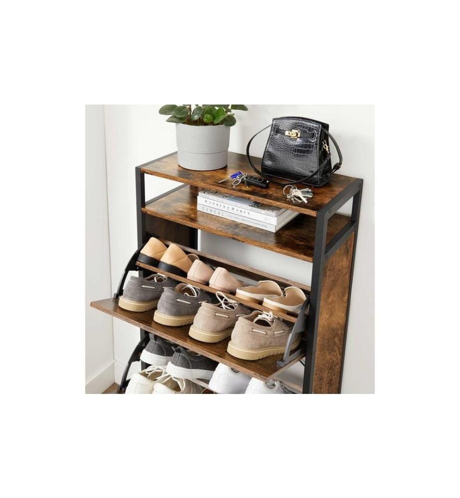 VASAGLE - Armoire à chaussures avec 3 volets 60 x 130 cm, Brun/Noir