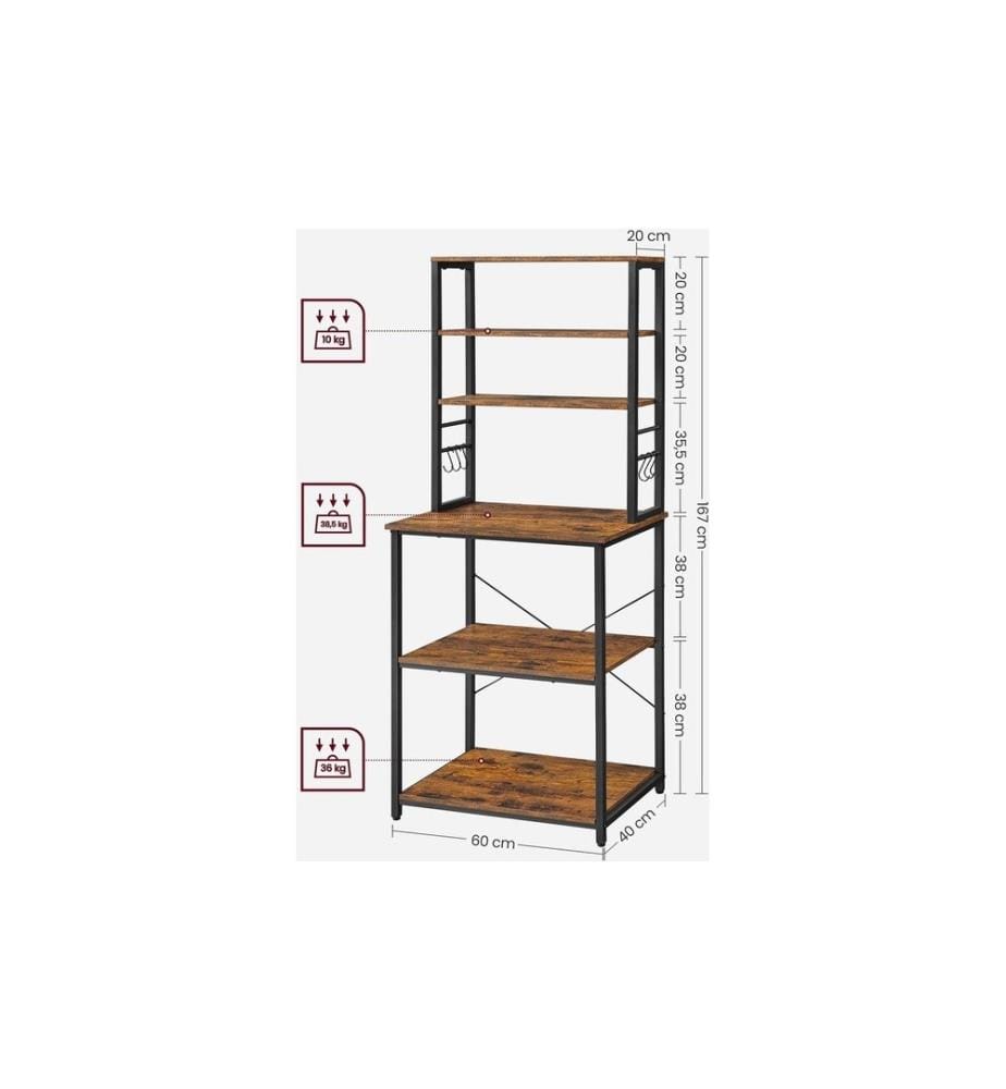 VASAGLE - Küchenregal mit 6 Haken 167 x 60 cm, Braun/Schwarz