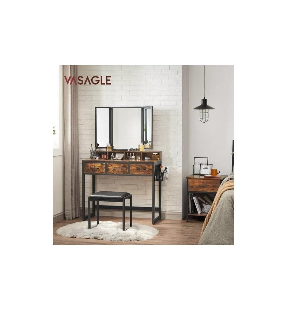 VASAGLE - Coiffeuse avec tabouret 90 x 141 cm, Brun/Noir