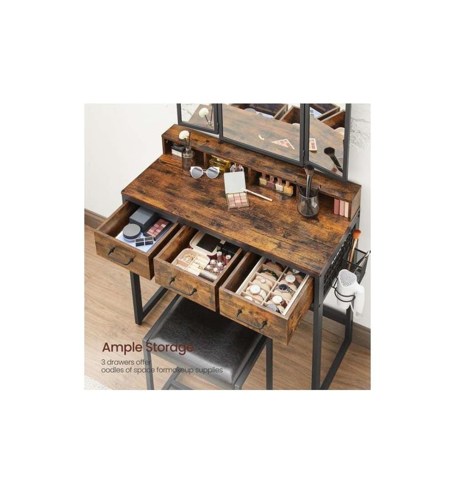 VASAGLE - Coiffeuse avec tabouret 90 x 141 cm, Brun/Noir