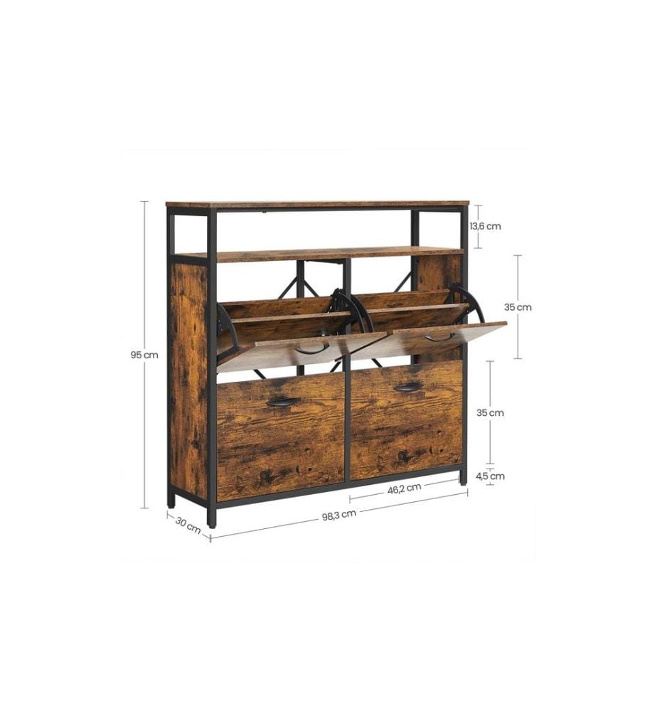 VASAGLE - Armoire à chaussures avec 4 volets 95 x 98.3 cm, Brun/Noir