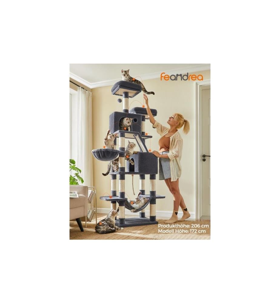 Feandrea - Arbre à chat XXL, 206 cm, gris fumé/beige
