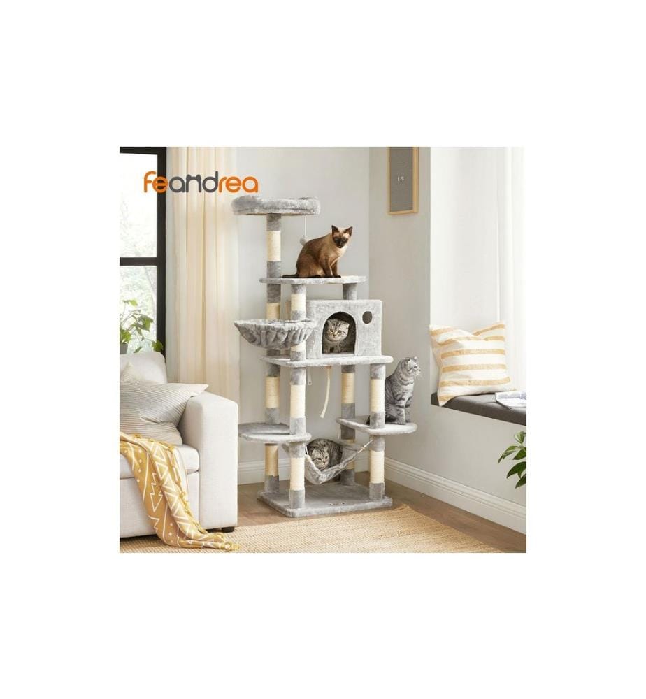 Feandrea - Arbre à chat avec écuelle, 164 cm, gris clair