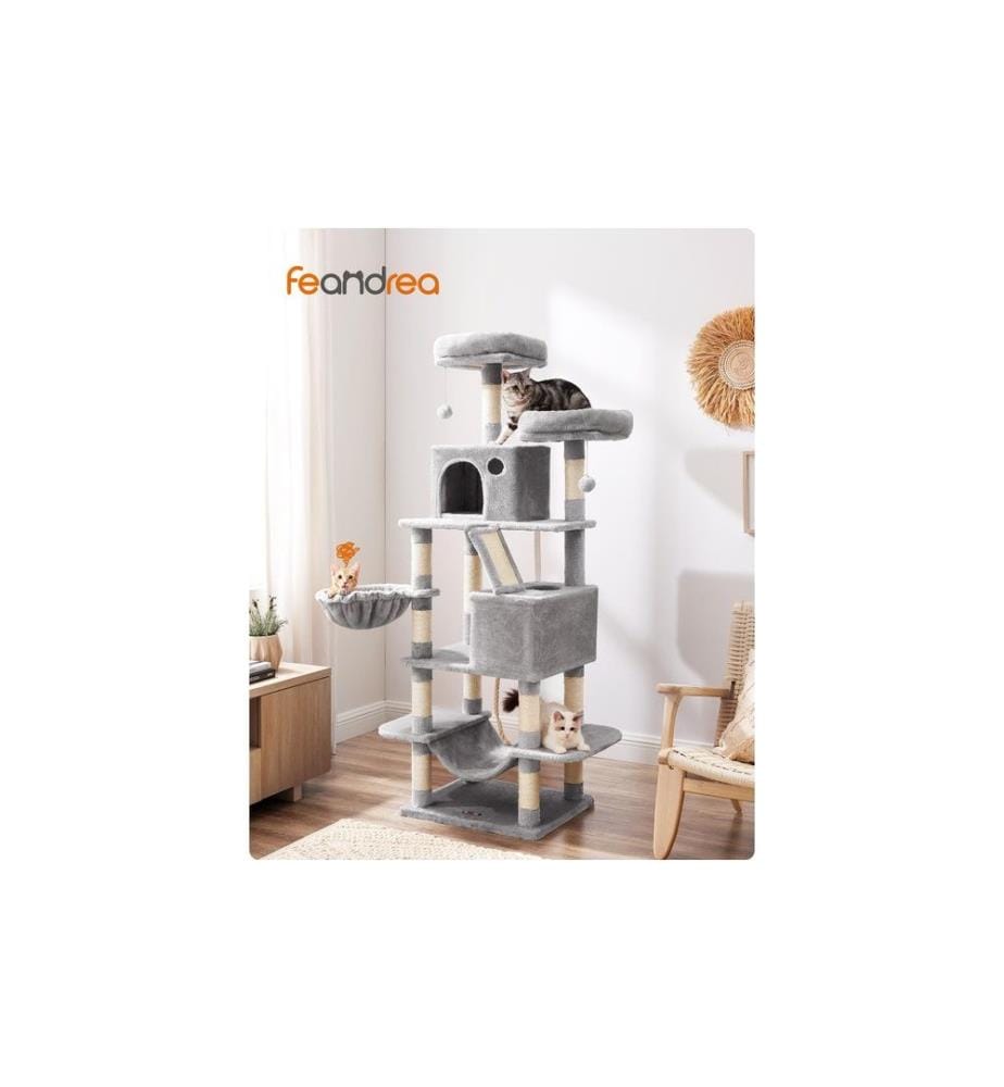 Feandrea - Arbre à chat avec 2 cavités, 168 cm, gris/beige