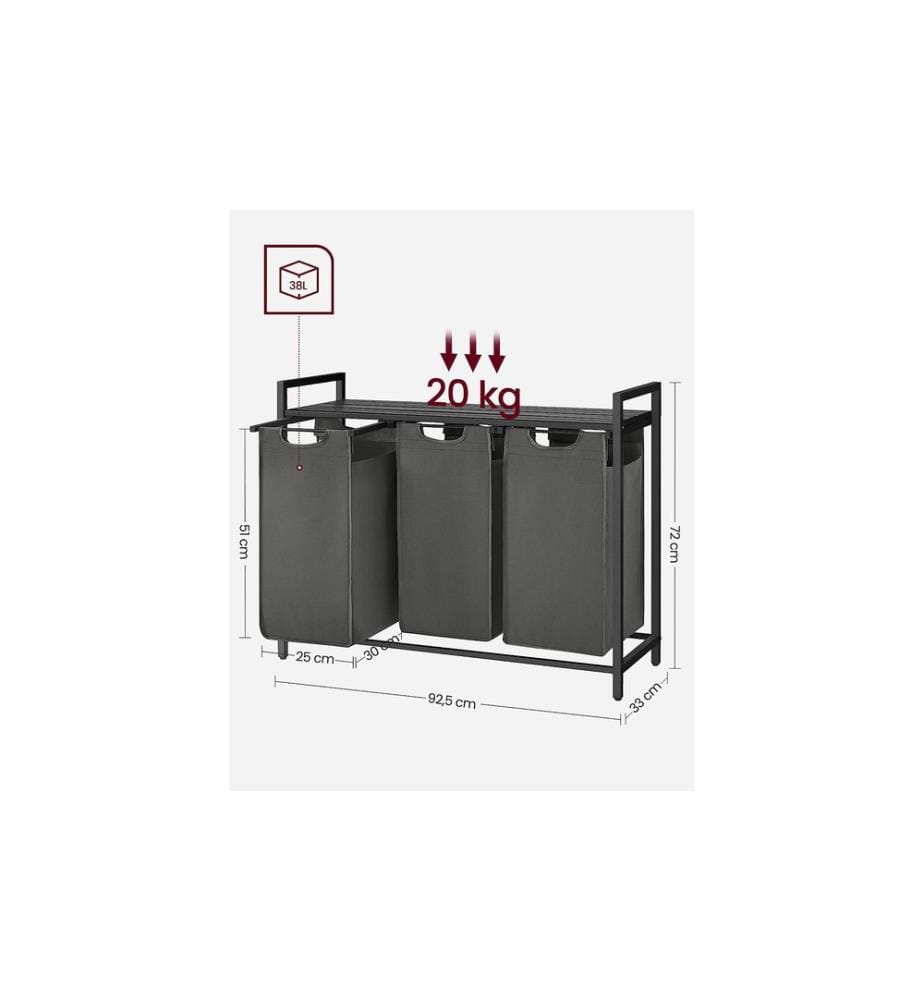 VASAGLE - Corbeille à linge avec tablette 3 x 38 l, Noir