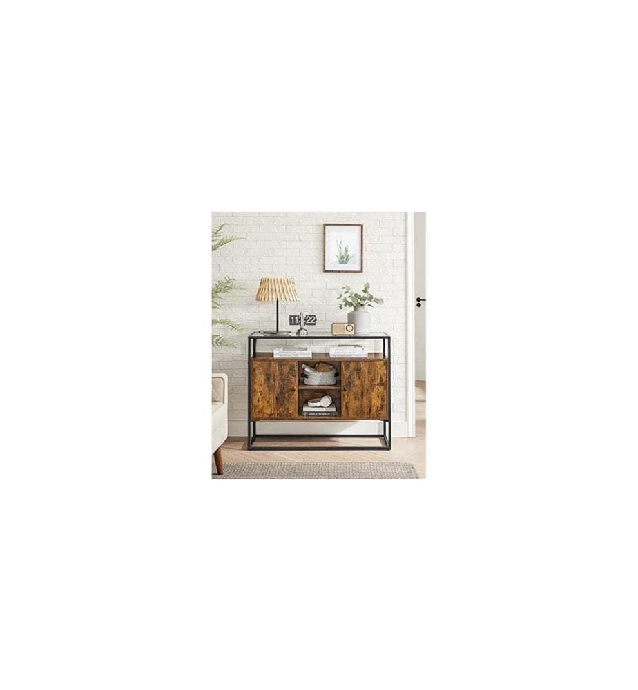VASAGLE - Buffet avec surface en verre 100 x 35 x 80 cm, Brun/Noir