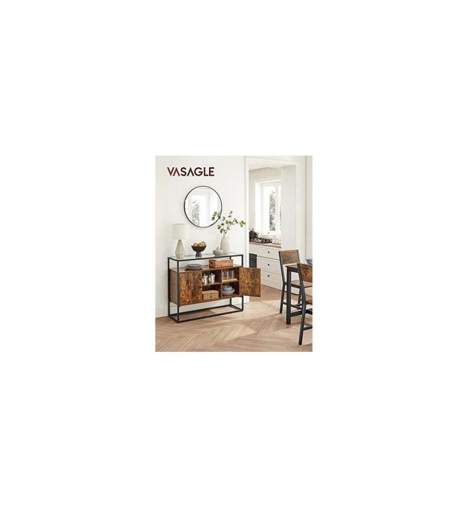 VASAGLE - Buffet avec surface en verre 100 x 35 x 80 cm, Brun/Noir