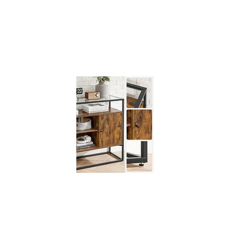 VASAGLE - Buffet avec surface en verre 100 x 35 x 80 cm, Brun/Noir