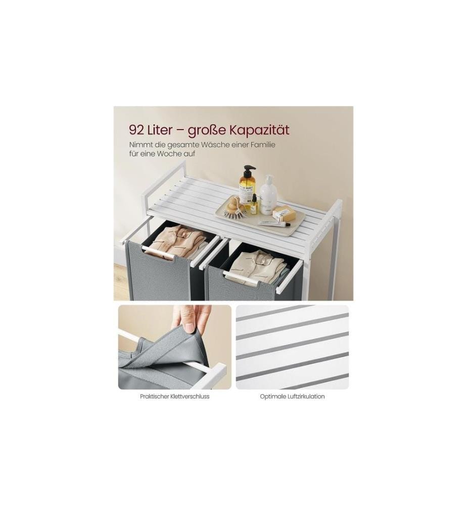 VASAGLE - Corbeille à linge avec tablette 2 x 46 l, Gris/Blanc