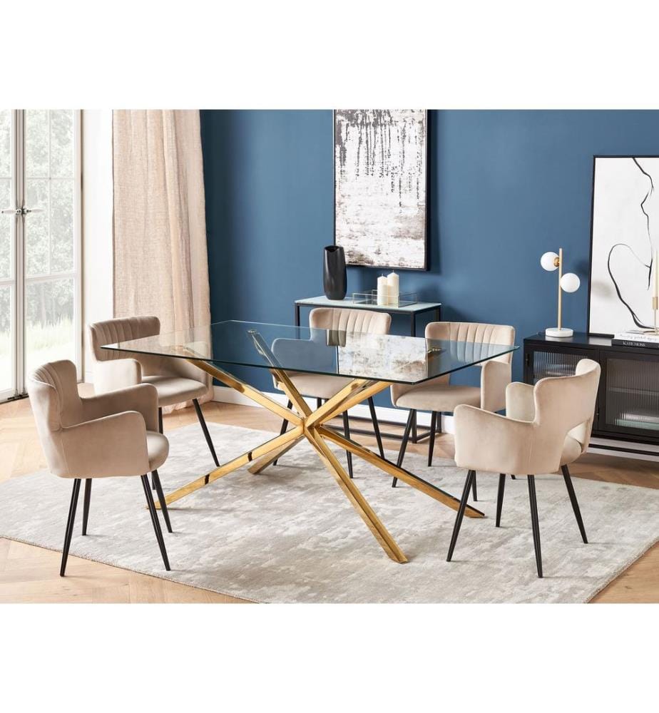 Table de repas CORA Doré 160 cm 90 cm Verre de sécurité