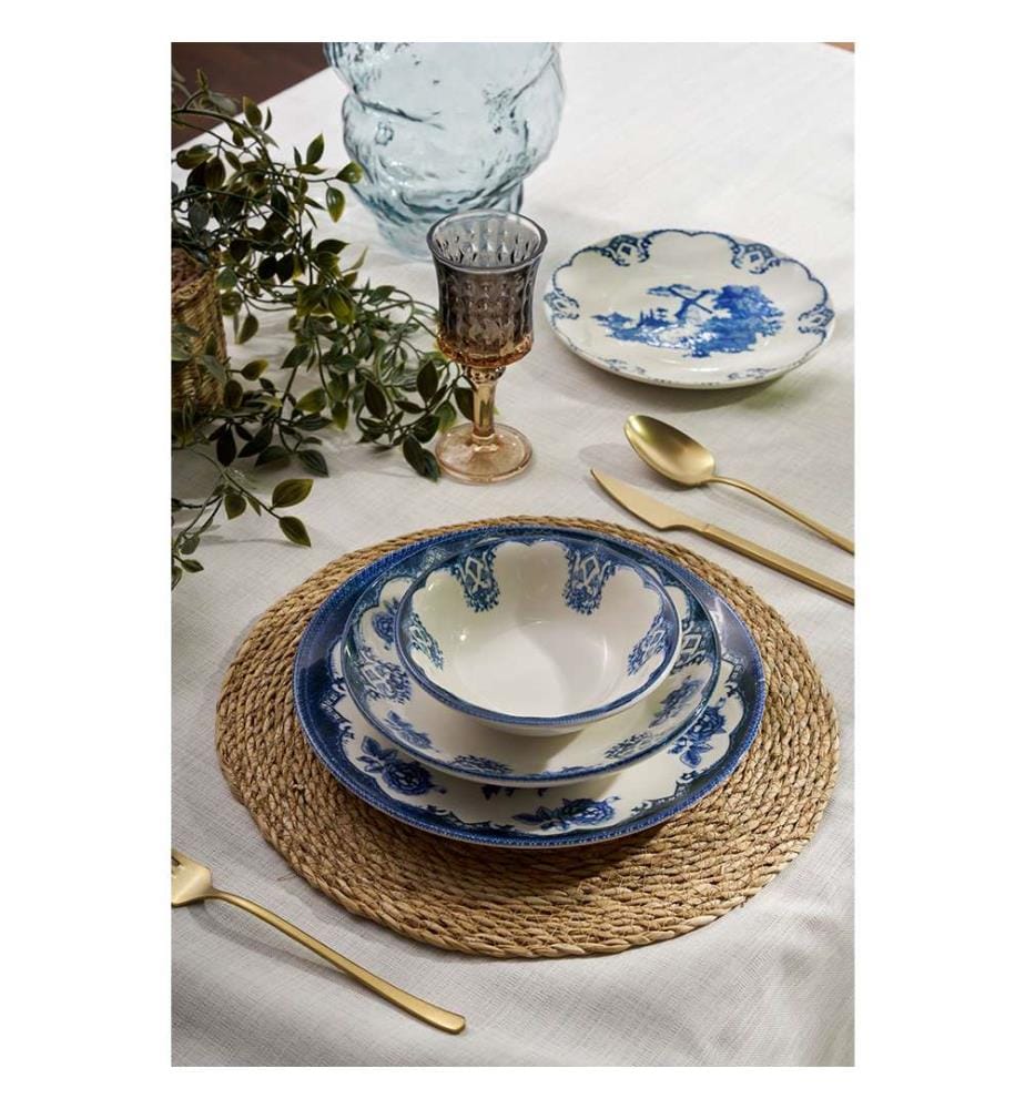 Service de Table 24 Pièces en Porcelaine - Blanc et Bleu