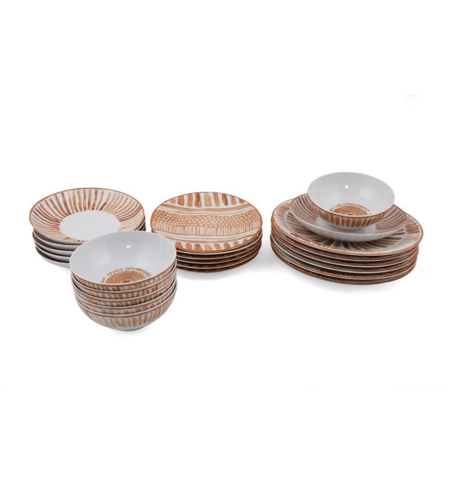 Service de Table 24 Pièces en Porcelaine - Brun et Blanc