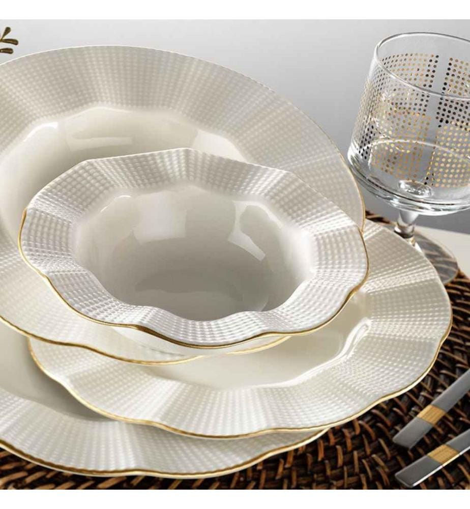 Service de Table 24 Pièces en Porcelaine - Crème et Or