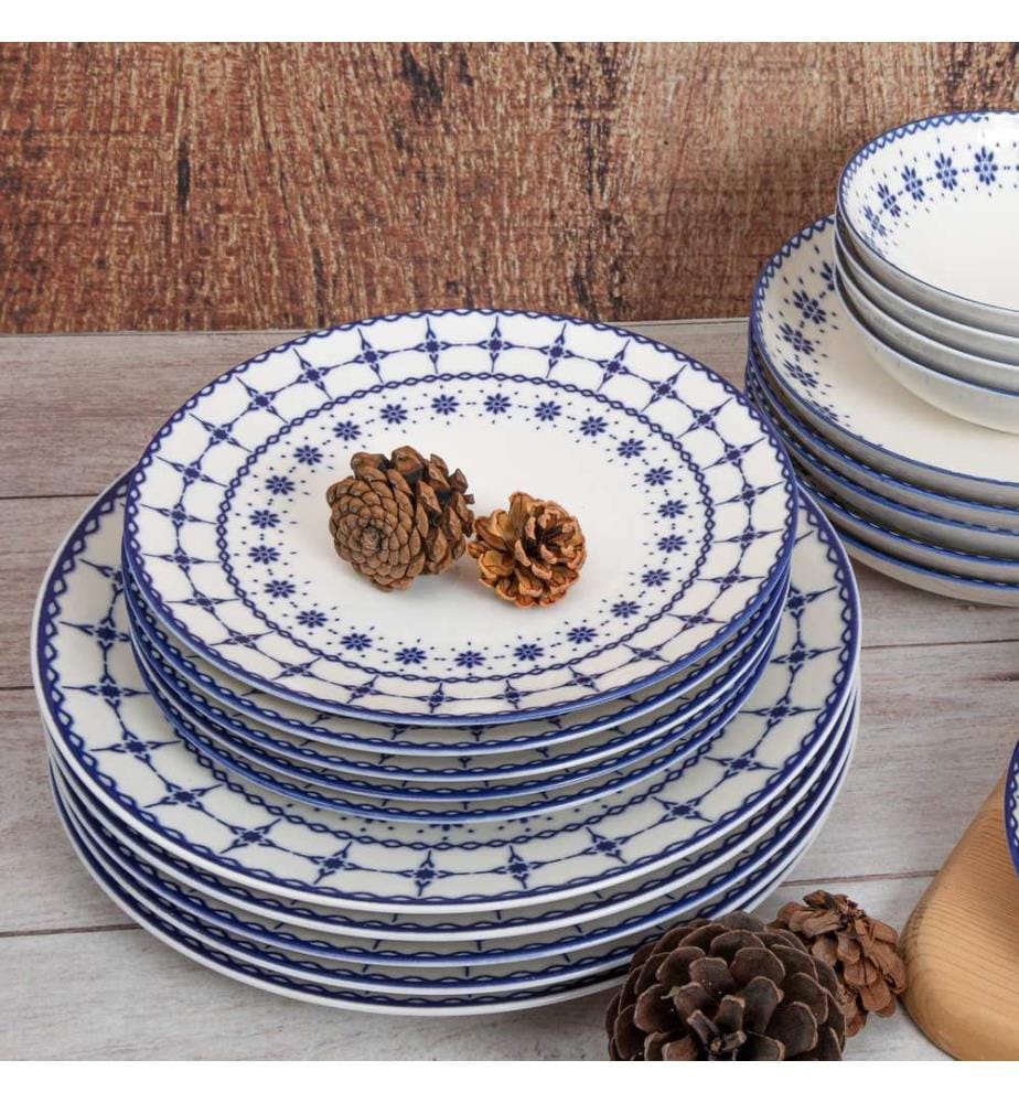 Service de Table 24 Pièces en Porcelaine - Blanc et Bleu