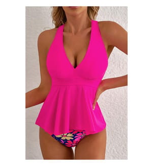 Tankini con stampa floreale e volant - Rosa