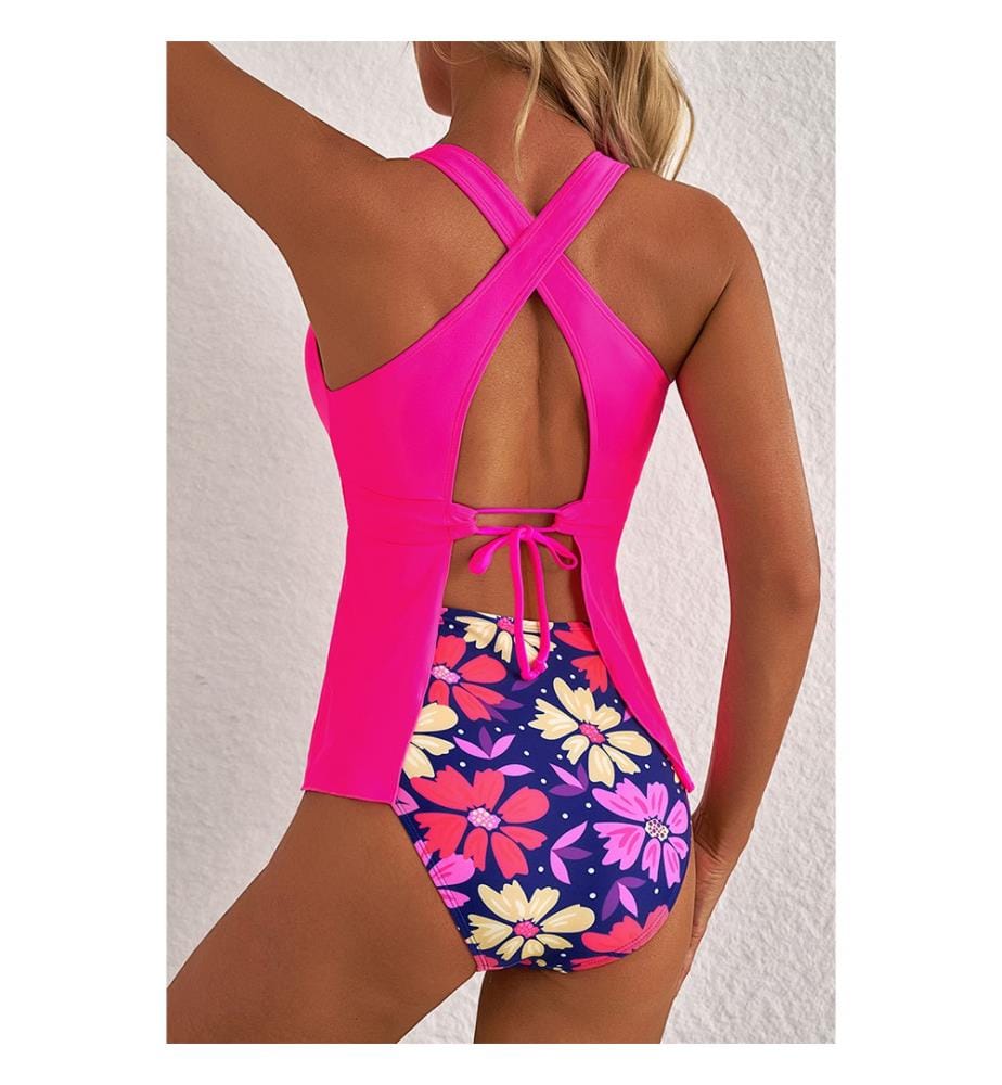 Tankini con stampa floreale e volant - Rosa
