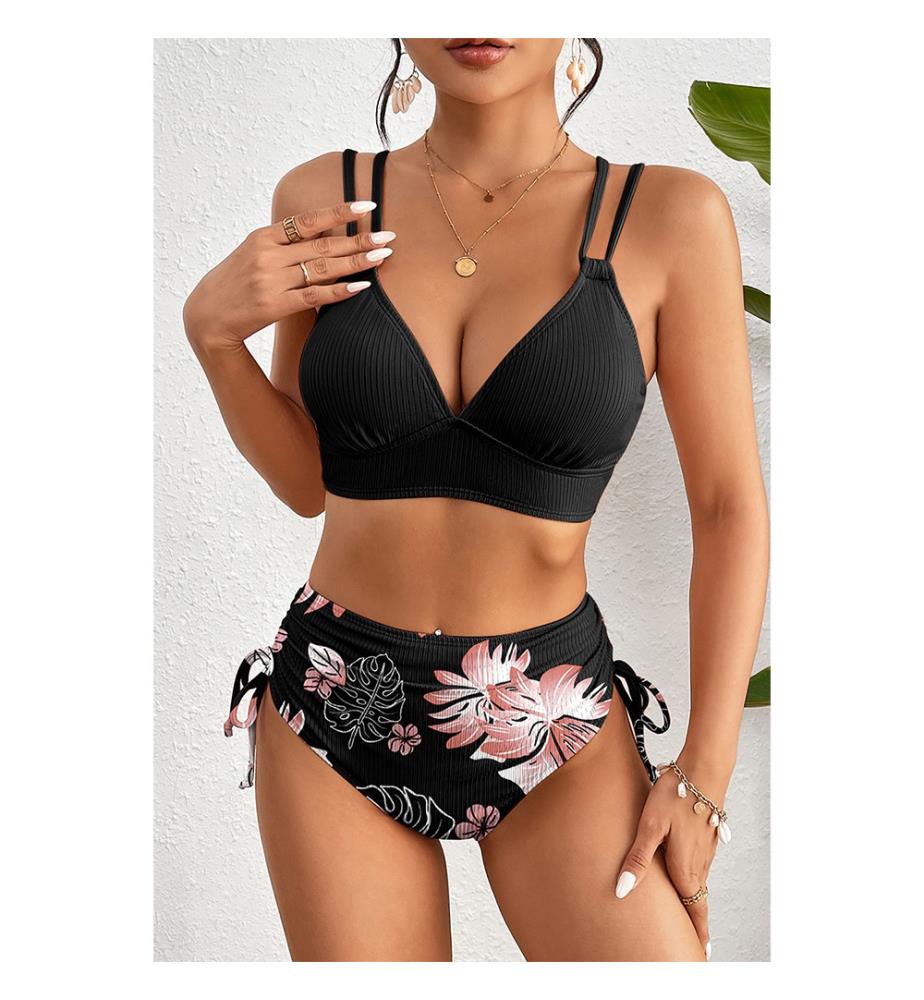 Bikini a due pezzi a vita alta con effetto a coste - Nero