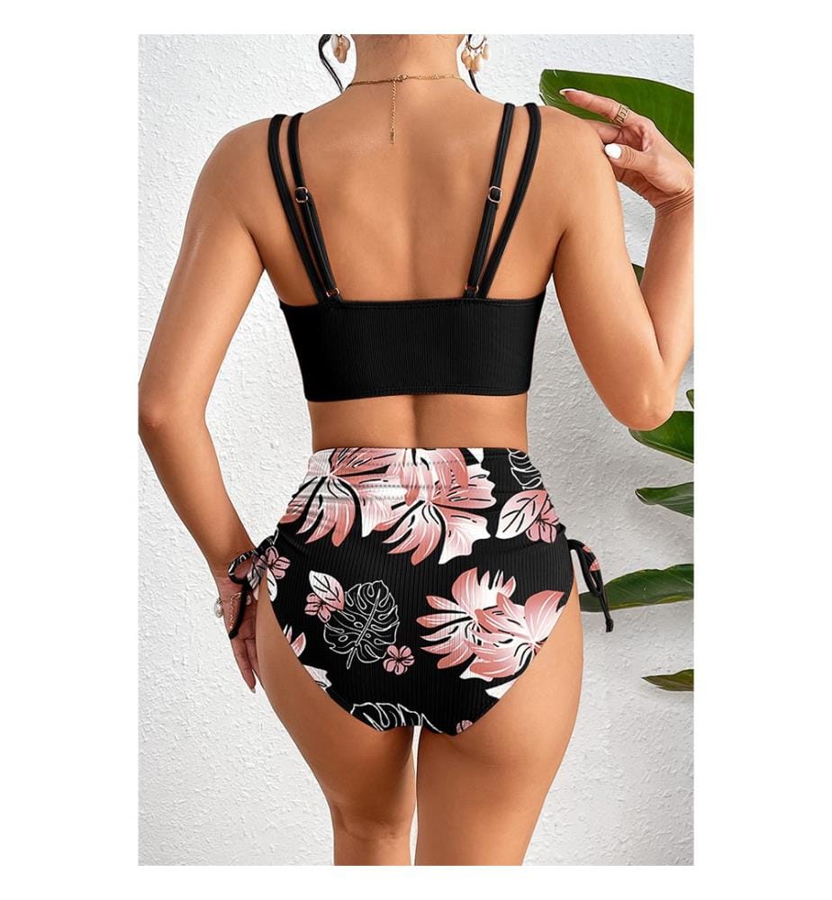 Bikini a due pezzi a vita alta con effetto a coste - Nero