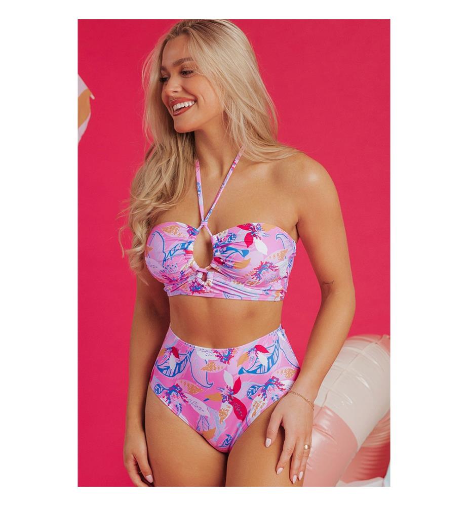 Bikini taille haute imprimé floral - Rose