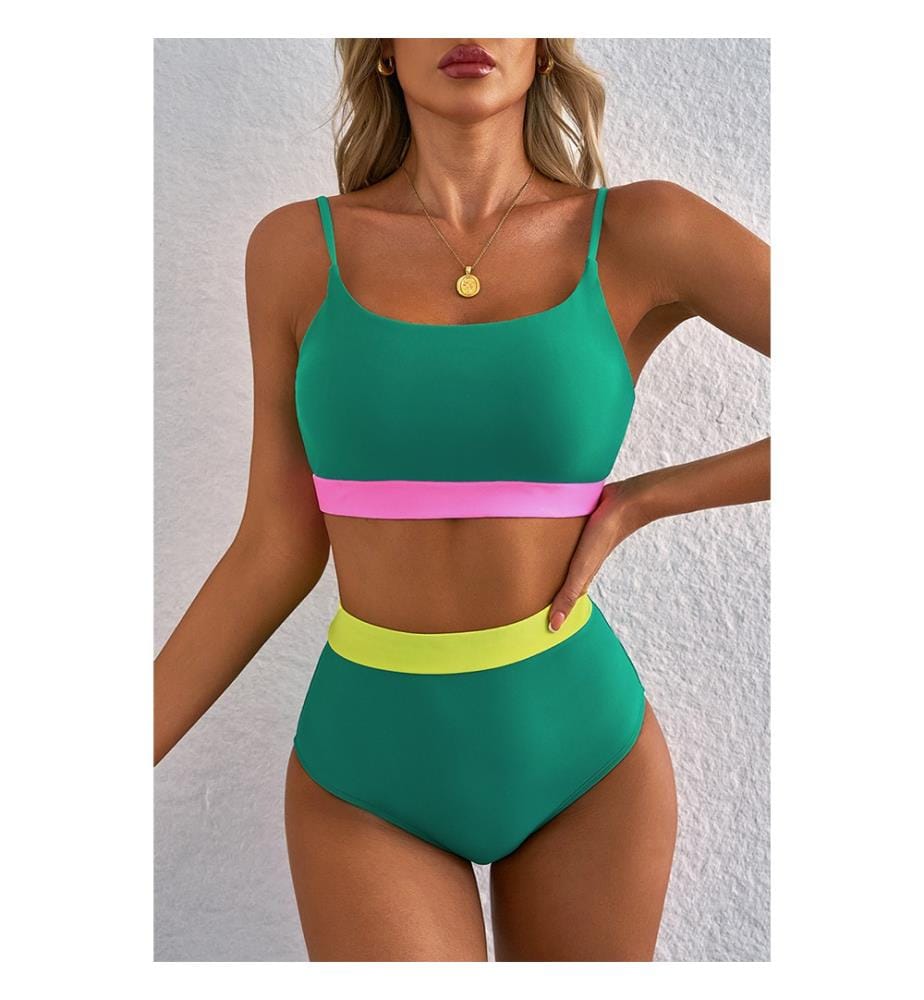 Bikini taille haute colorblock - Vert d'eau