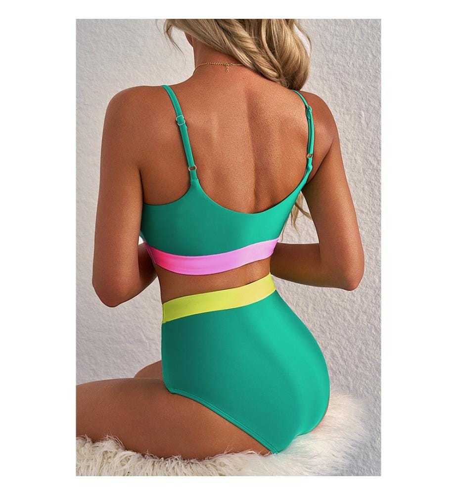 Bikini taille haute colorblock - Vert d'eau