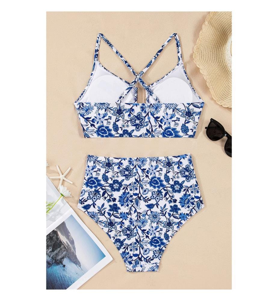 Ensemble bikini taille haute imprimé floral - Bleu
