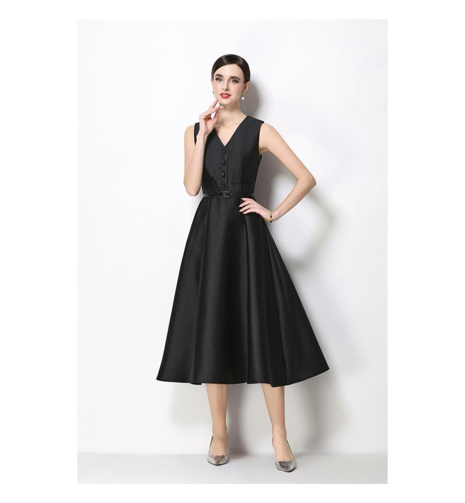 Robe midi sans manches en satin avec taille ceinturée - Noir