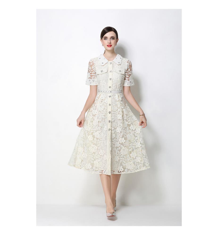 Robe midi en dentelle avec col claudine et taille ceinturée - Ivoire