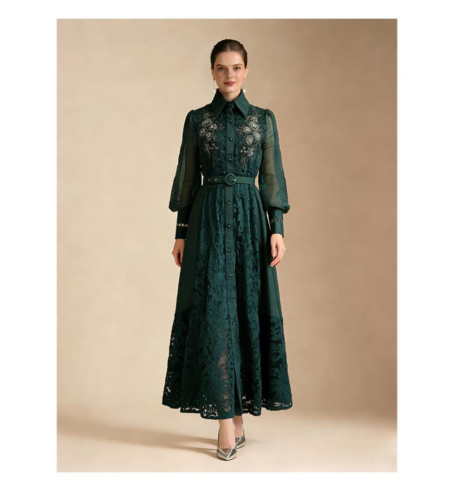 Elegant Embroidered Sheer Sleeve Maxi Dress - Green