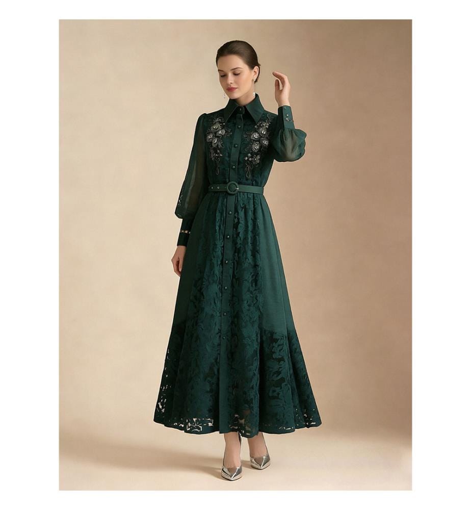 Elegant Embroidered Sheer Sleeve Maxi Dress - Green
