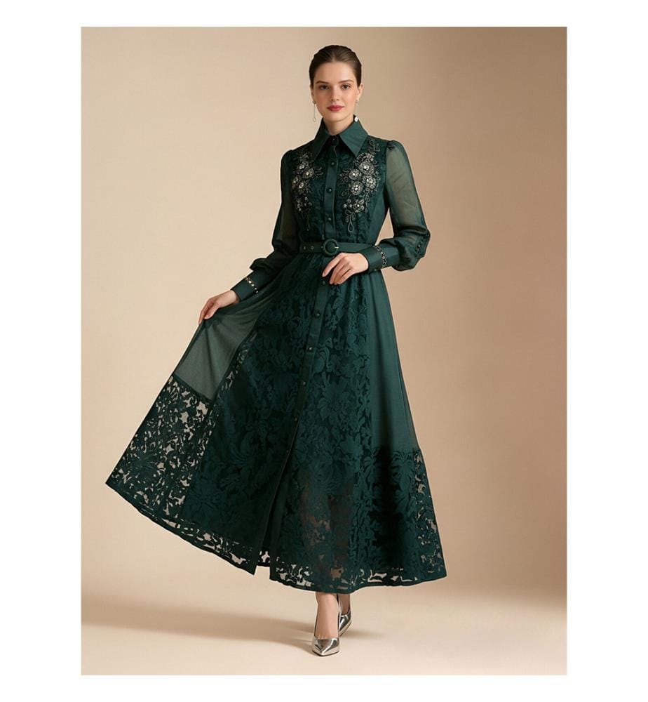 Elegant Embroidered Sheer Sleeve Maxi Dress - Green