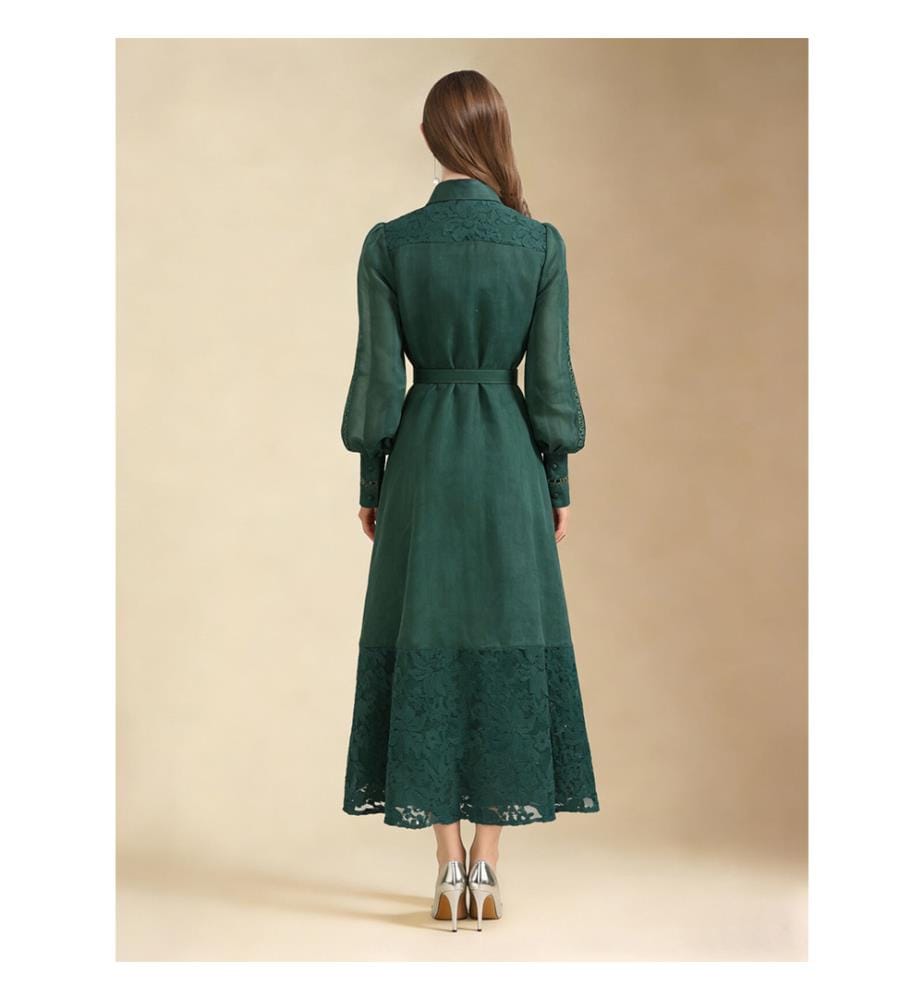Elegant Embroidered Sheer Sleeve Maxi Dress - Green