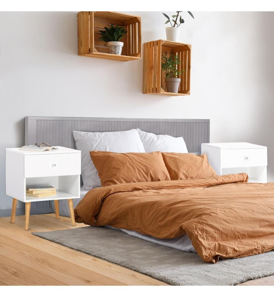 Lot de 2 Tables de Chevet Sur Pieds 1 Tiroir Emmie 40 x 34 x 50 cm - Blanc