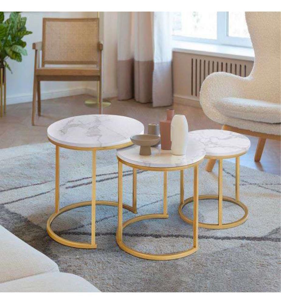 Set di 3 Tavolini Glam 45 x 45 x 45 cm - Bianco e Oro