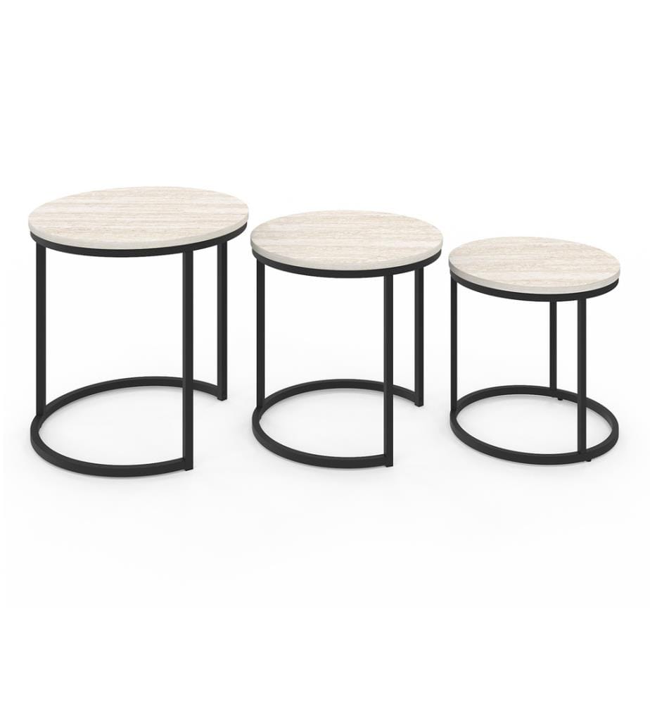 Lot de 3 Tables basses gigognes Memphis effet marbre blanc et pieds noirs