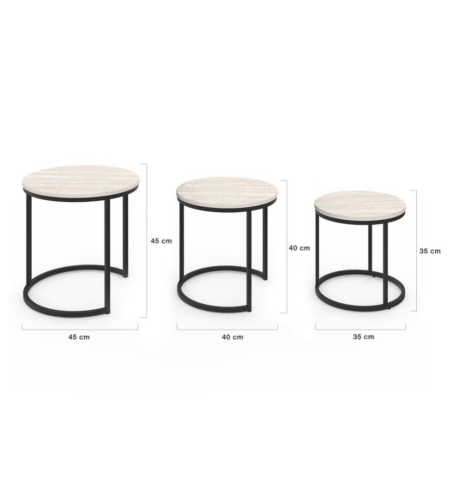 Lot de 3 Tables basses gigognes Memphis effet marbre blanc et pieds noirs