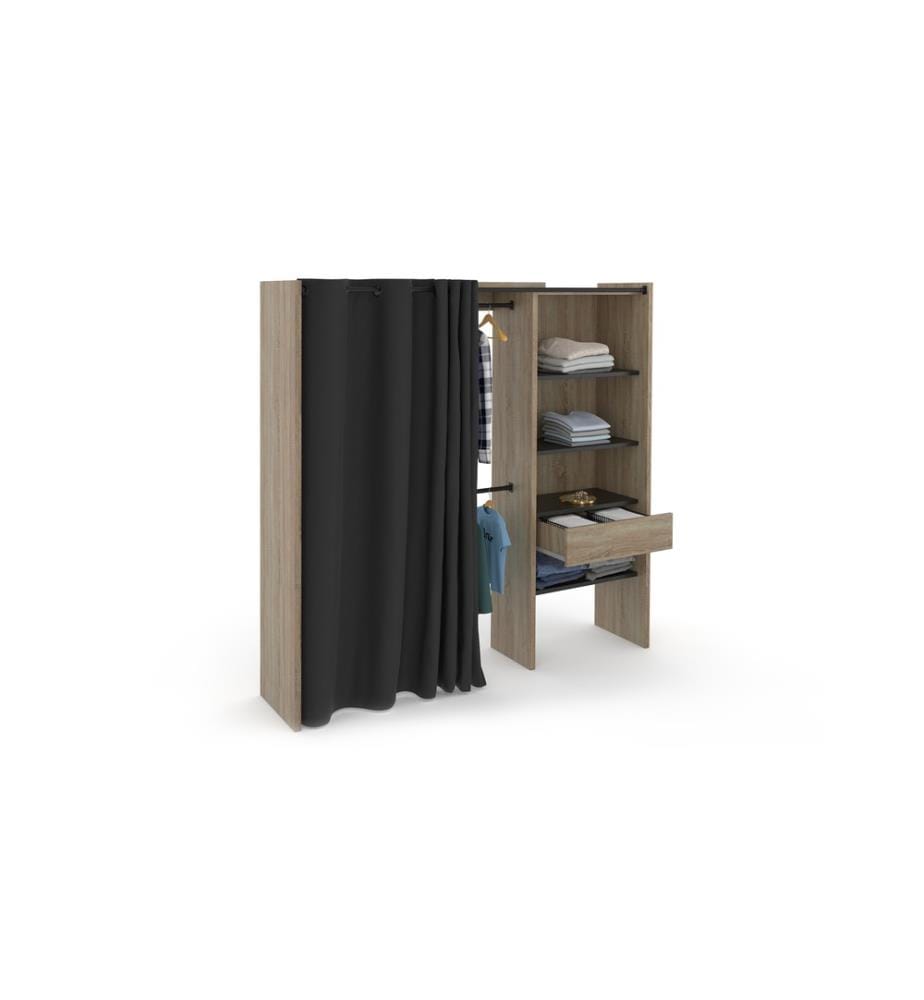 Dressing Extensible Avec Colonne Et Penderie Avec Rideau 120-170x180cm - Bois et Noir