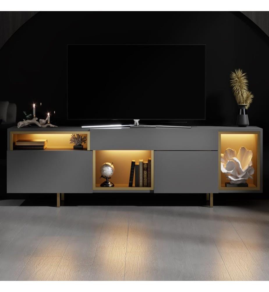 TV-Ständer, 100 % melaminbeschichtete Spanplatte, Anthrazit, Gold