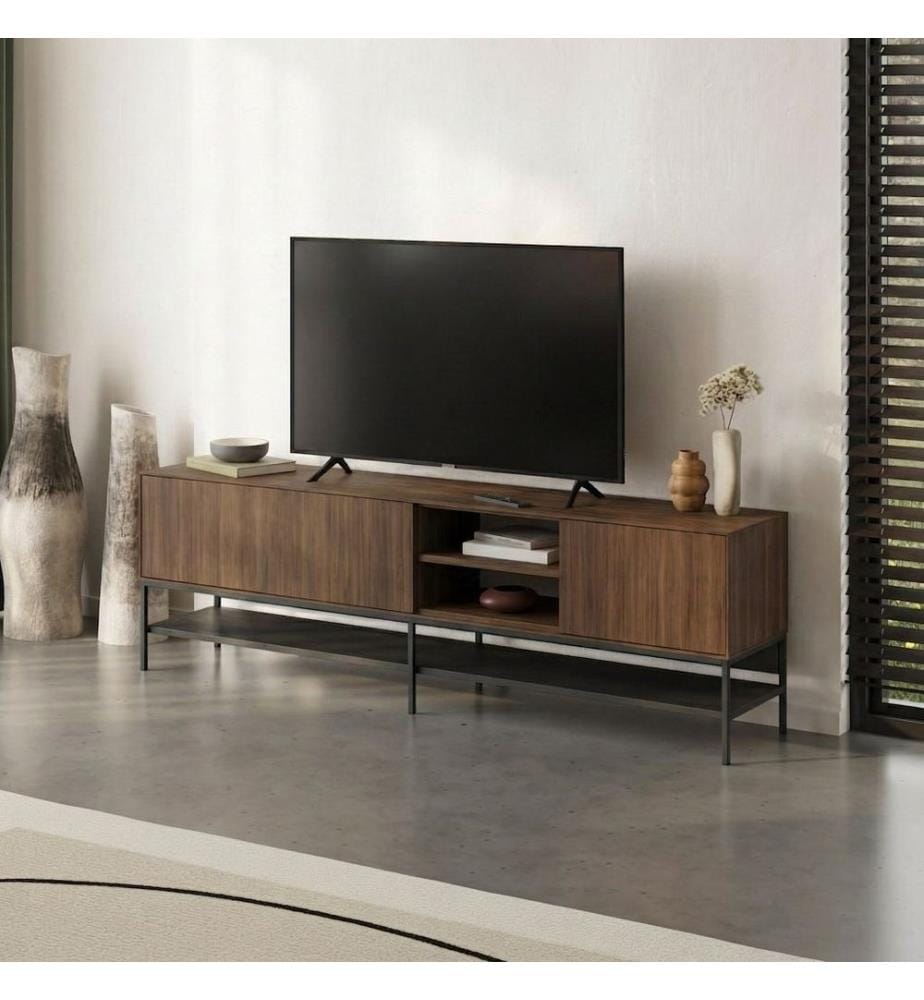 TV-Ständer, 100 % melaminbeschichtete Spanplatte, Milano-Walnuss, Holz Schwarz, Schwarz