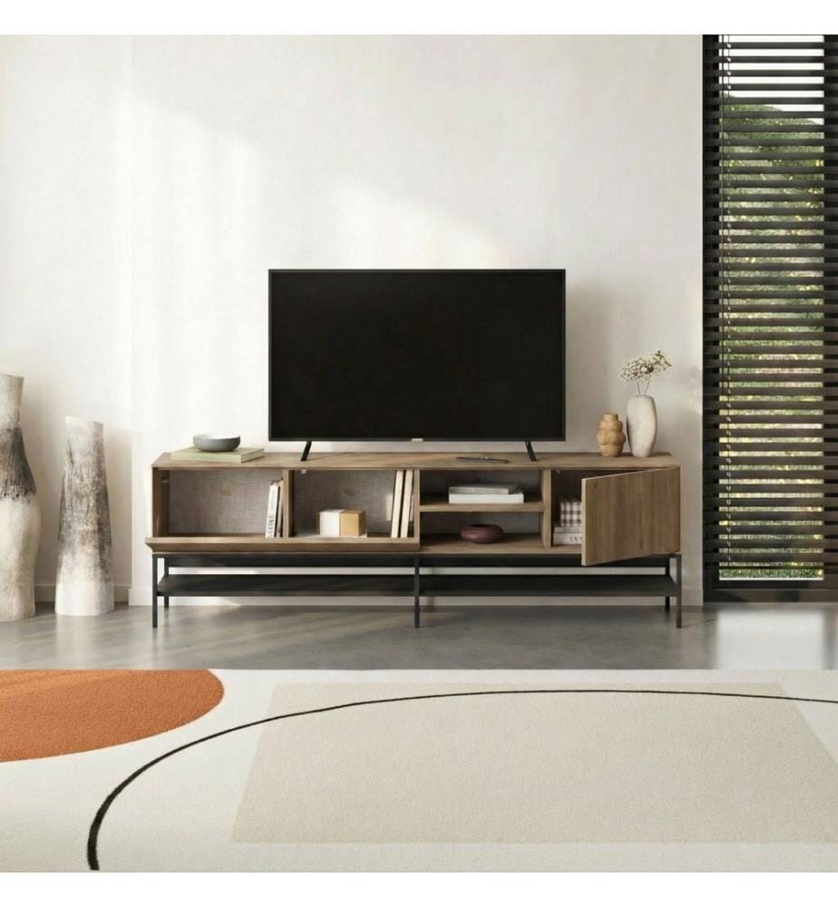 TV-Ständer, 100 % melaminbeschichtete Spanplatte, Sepet-Eiche, Holz Schwarz, Schwarz