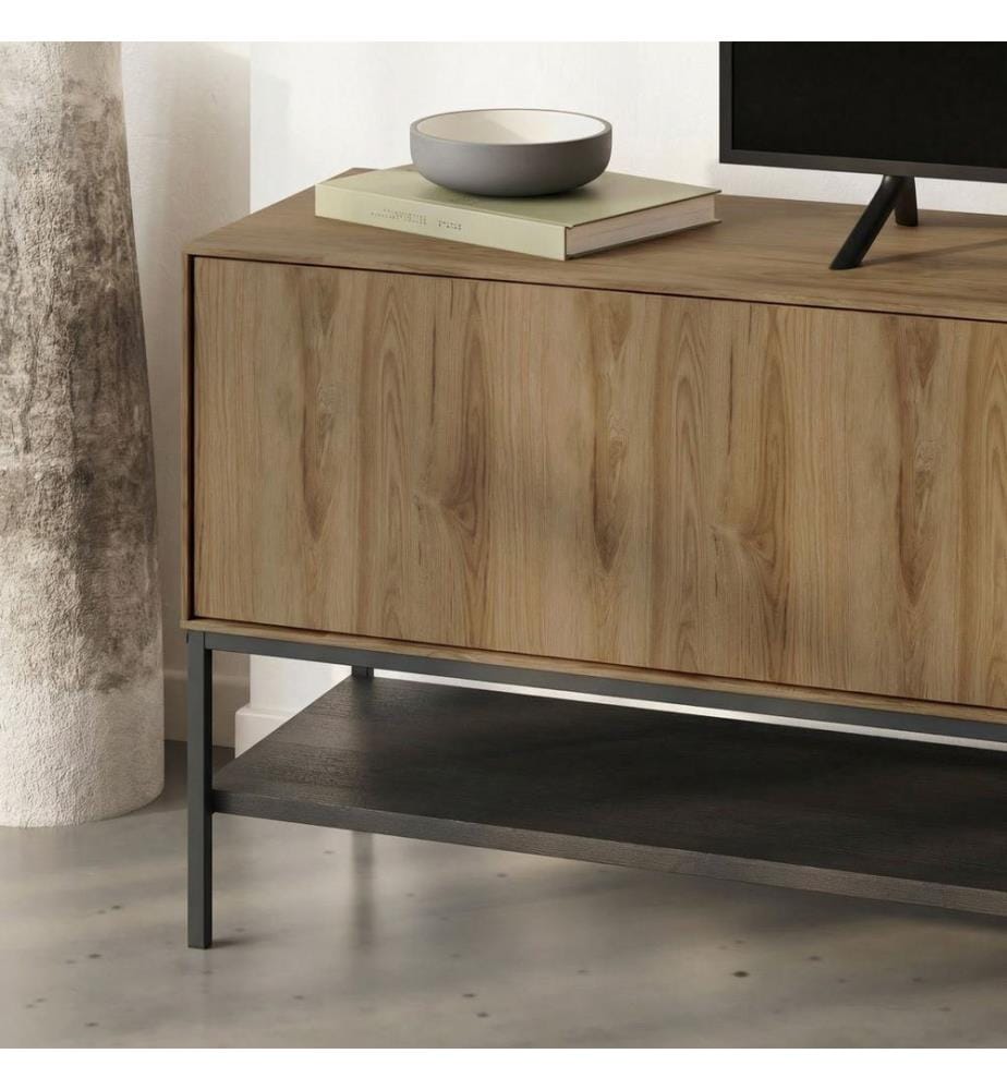 TV-Ständer, 100 % melaminbeschichtete Spanplatte, Sepet-Eiche, Holz Schwarz, Schwarz