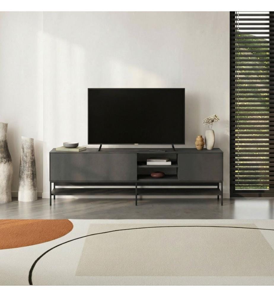 TV-Ständer, 100 % melaminbeschichtete Spanplatte, Anthrazit, Holz Schwarz, Schwarz