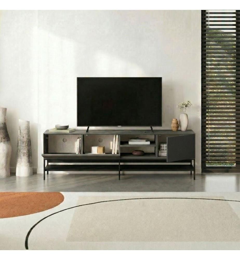 TV-Ständer, 100 % melaminbeschichtete Spanplatte, Anthrazit, Holz Schwarz, Schwarz