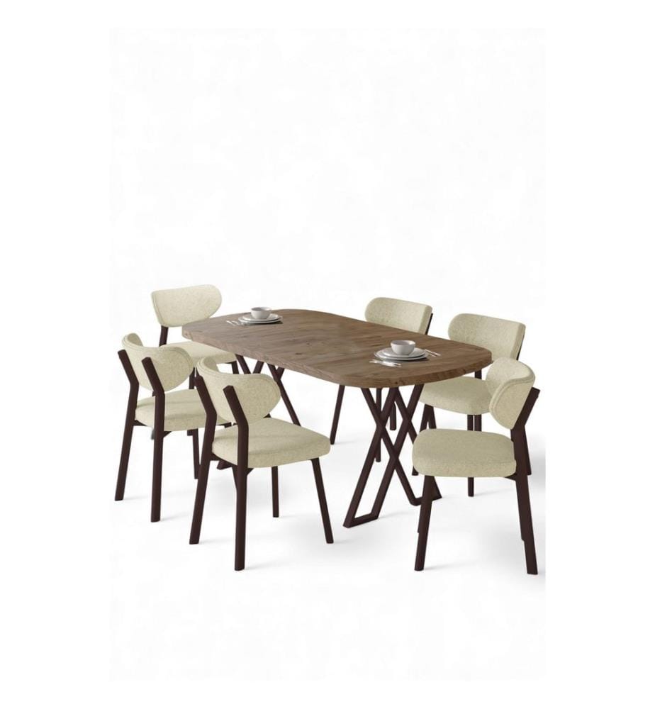 Essgruppe mit Tisch und Stühlen, 7-teilig, 100 % MDF, Kiefernholz, Chrom