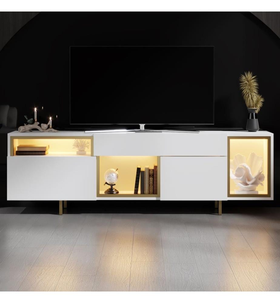 Meuble TV, panneau de particules 100 % mélaminé, blanc et doré