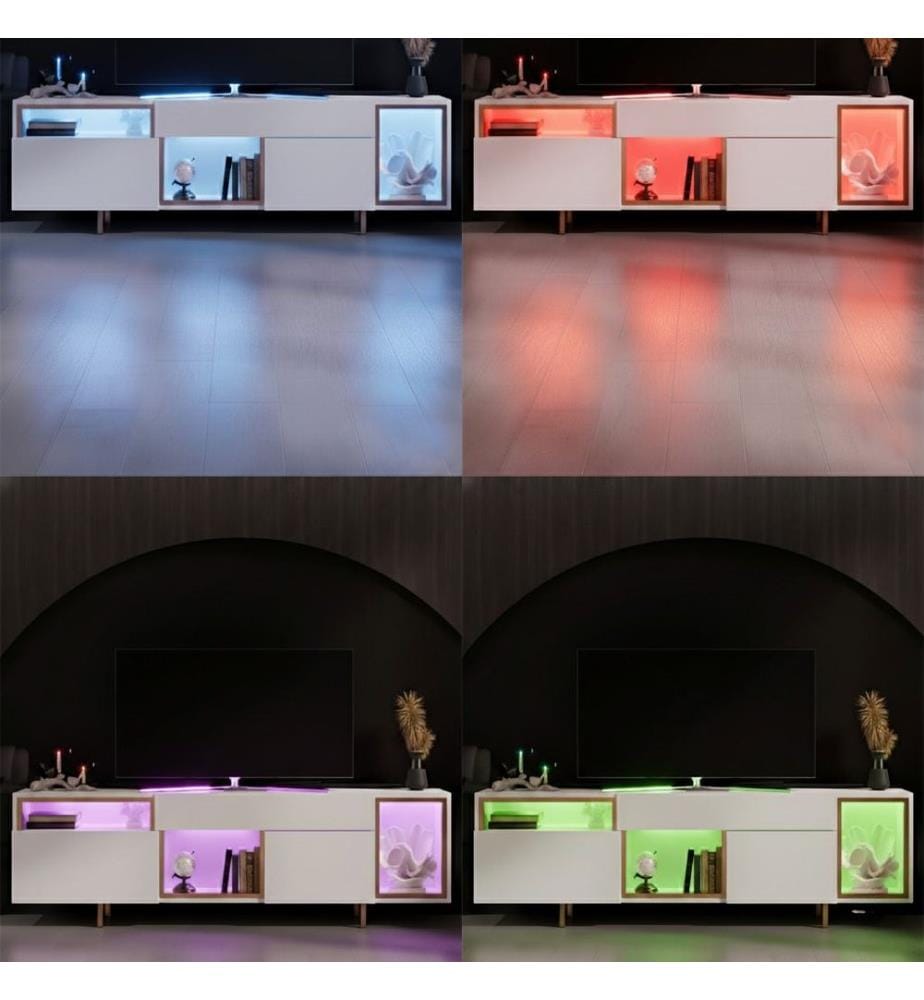 Meuble TV, panneau de particules 100 % mélaminé, blanc et doré