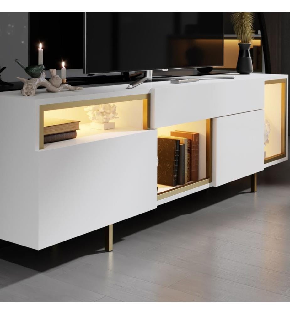 Meuble TV, panneau de particules 100 % mélaminé, blanc et doré