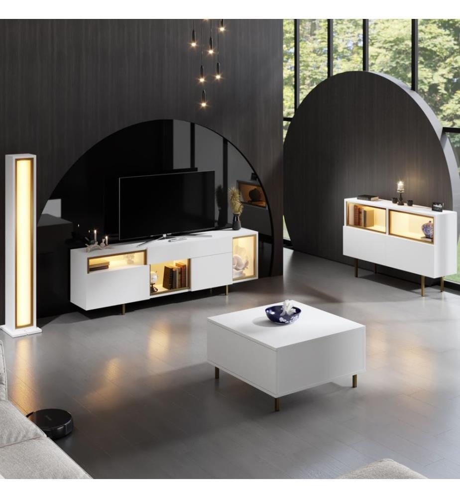 Meuble TV, panneau de particules 100 % mélaminé, blanc et doré